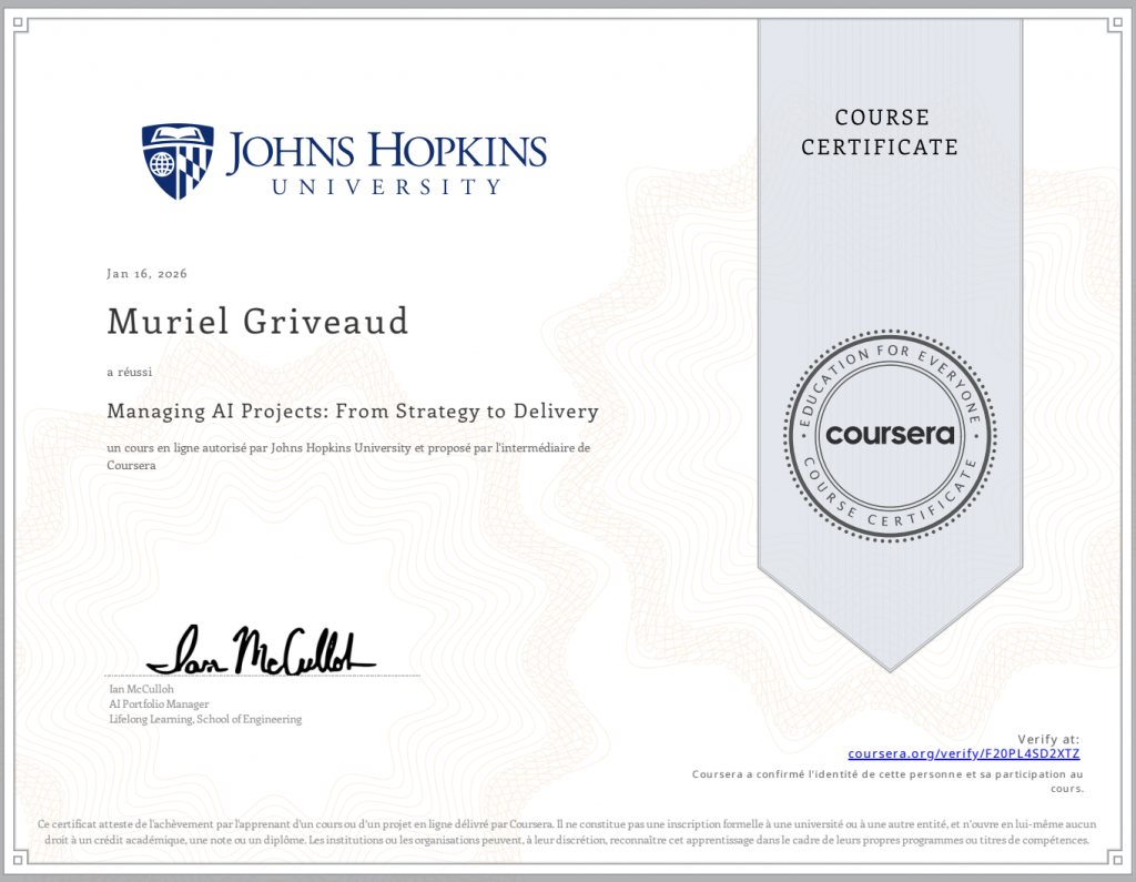 Muriel Griveaud - Certification Gestion Projets IA de Johns Hopkins